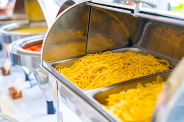spaghetti and macaroni in buffet line
