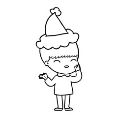 happy line drawing of a boy wearing santa hat