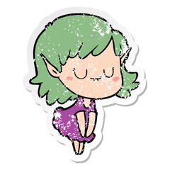 distressed sticker of a happy cartoon elf girl wearing dress