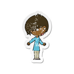 retro distressed sticker of a cartoon woman shrugging shoulders