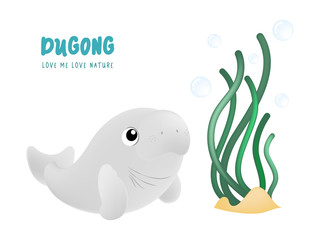 Cute cartoon a sea cow or dugong swimming under the water near sea grass.