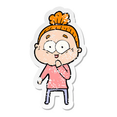 distressed sticker of a cartoon happy old woman