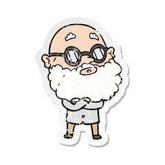distressed sticker of a cartoon curious man with beard and glasses
