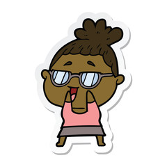 sticker of a cartoon happy woman wearing spectacles