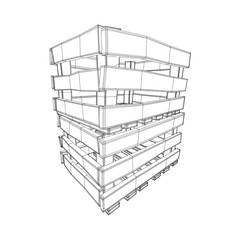 Wooden box for transportation and storage of products. Empty crate for fruits and vegetables. Model wireframe low poly mesh vector illustration