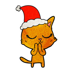 calm textured cartoon of a cat wearing santa hat