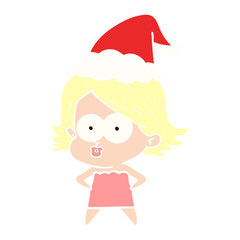 flat color illustration of a girl pouting wearing santa hat