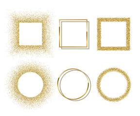Golden shiny round and square frames with shadows isolated on white background. Vector golden luxury realistic border set.