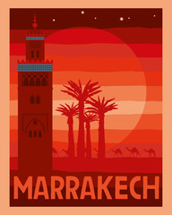 Tourist Marrakech sticker. Red sunset sky, old tower and palm trees against the setting sun. Vector graphics