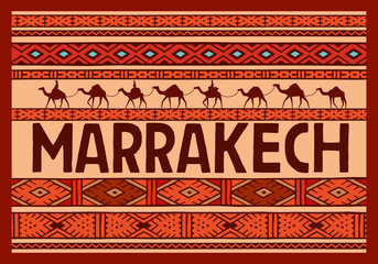 Tourist Marrakech sticker. National carpet, ornament and camel caravan. Vector graphics