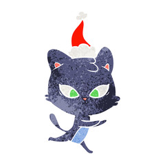 cute retro cartoon of a cat wearing santa hat
