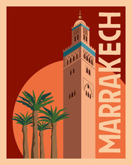 Tourist Postcard Marrakech. Old tower and palm trees against the sunset sky and sun. Vector graphics