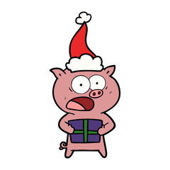 line drawing of a pig with christmas present wearing santa hat