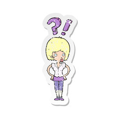 retro distressed sticker of a cartoon woman asking question