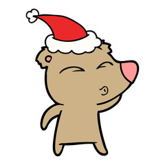 line drawing of a whistling bear wearing santa hat