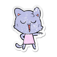 distressed sticker of a cartoon cat singing