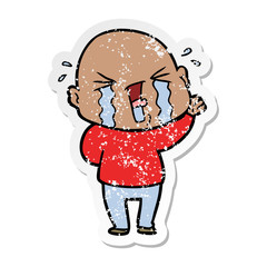 distressed sticker of a cartoon crying bald man