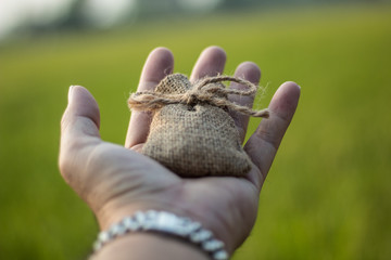 Small linen bag, small sackcloth bag knotted with jute twine