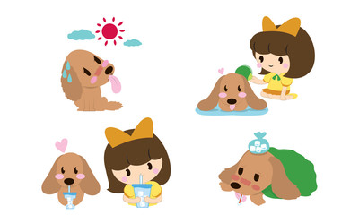 Cute dog and little girl hot weather concept