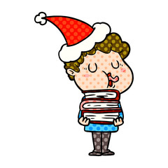 comic book style illustration of a man singing wearing santa hat