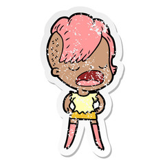 distressed sticker of a cartoon cool hipster girl talking