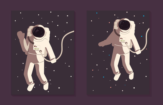International Day of Cosmonautics. April 12. Vector illustration astronaut in open space waving his hand for a postcard, poster, flyer. To the moon and back.