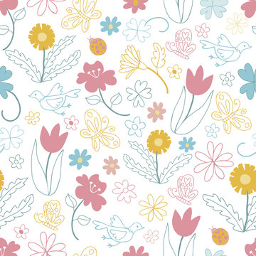 Seamless pattern white background, Spring Garden Collections. Vector illustration.
