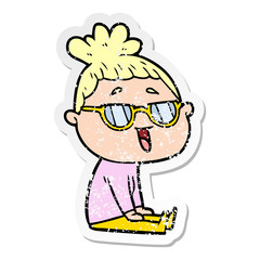 distressed sticker of a cartoon happy woman wearing spectacles