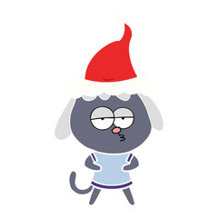 flat color illustration of a bored dog wearing santa hat