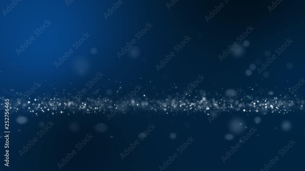 Poster blue background, digital signature with wave particles, sparkle, veil and space with depth of field.
