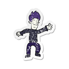 retro distressed sticker of a cartoon happy vampire man