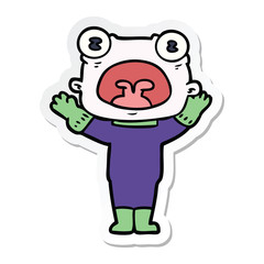 sticker of a cartoon weird alien communicating