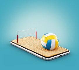 Unusual 3d illustration of a volleyball ball and on court on a smartphone screen. Watching beach volleyball and betting online concept