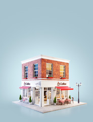Unusual 3d illustration of a cozy cafe