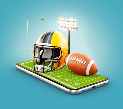 Unusual 3d illustration of an American football field with helmet and ball on a smartphone screen. Watching football and betting online concept. - Powered by Adobe