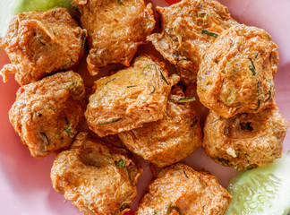 Fried Fish Cakes delicious and vegetable on plate - thai food