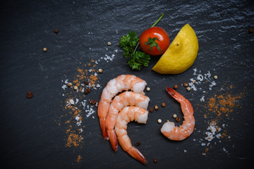 Seafood shrimp on top view / Shellfish fresh shrimps prawns ocean gourmet