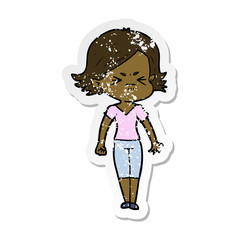 distressed sticker of a cartoon angry woman