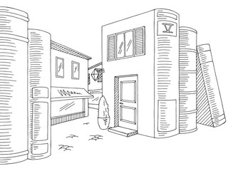 Obraz premium Street between books graphic black white sketch illustration vector