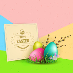 Multicolor composition with square frame, three Easter eggs and a willow branch.