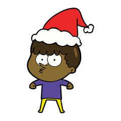 line drawing of a curious boy wearing santa hat
