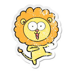 distressed sticker of a happy cartoon lion