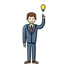 Business man having an idea and pointing finger up to the lightbulb. Infographic element. Vector character