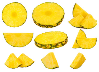 Sliced Pineapple isolated on white background. Pineapple pieces fruit collection.