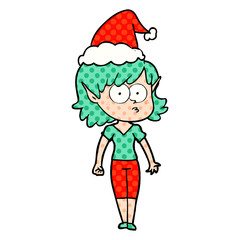 comic book style illustration of a elf girl staring wearing santa hat