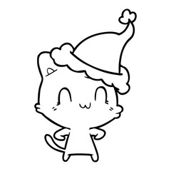 line drawing of a happy cat wearing santa hat