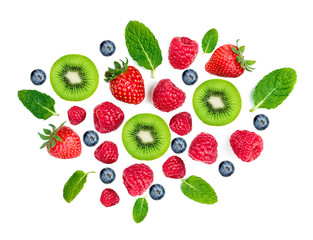 Mix  berries isolated on white background, top view. Strawberry, Raspberry, KIWI fruits, Blueberries  and Mint leaf, flat lay.