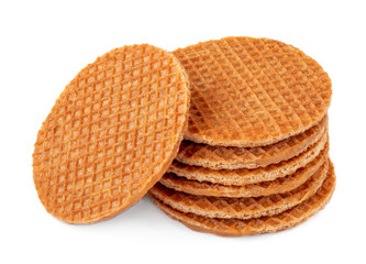 Stack of Caramel Waffles. Round  caramelized waffles (stroopwafel)  isolated on white background
