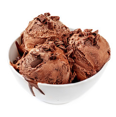 Chocolate  ice cream balls in a bowl  isolated on white background