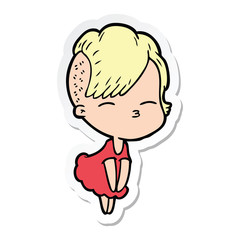 sticker of a cartoon squinting girl in dress